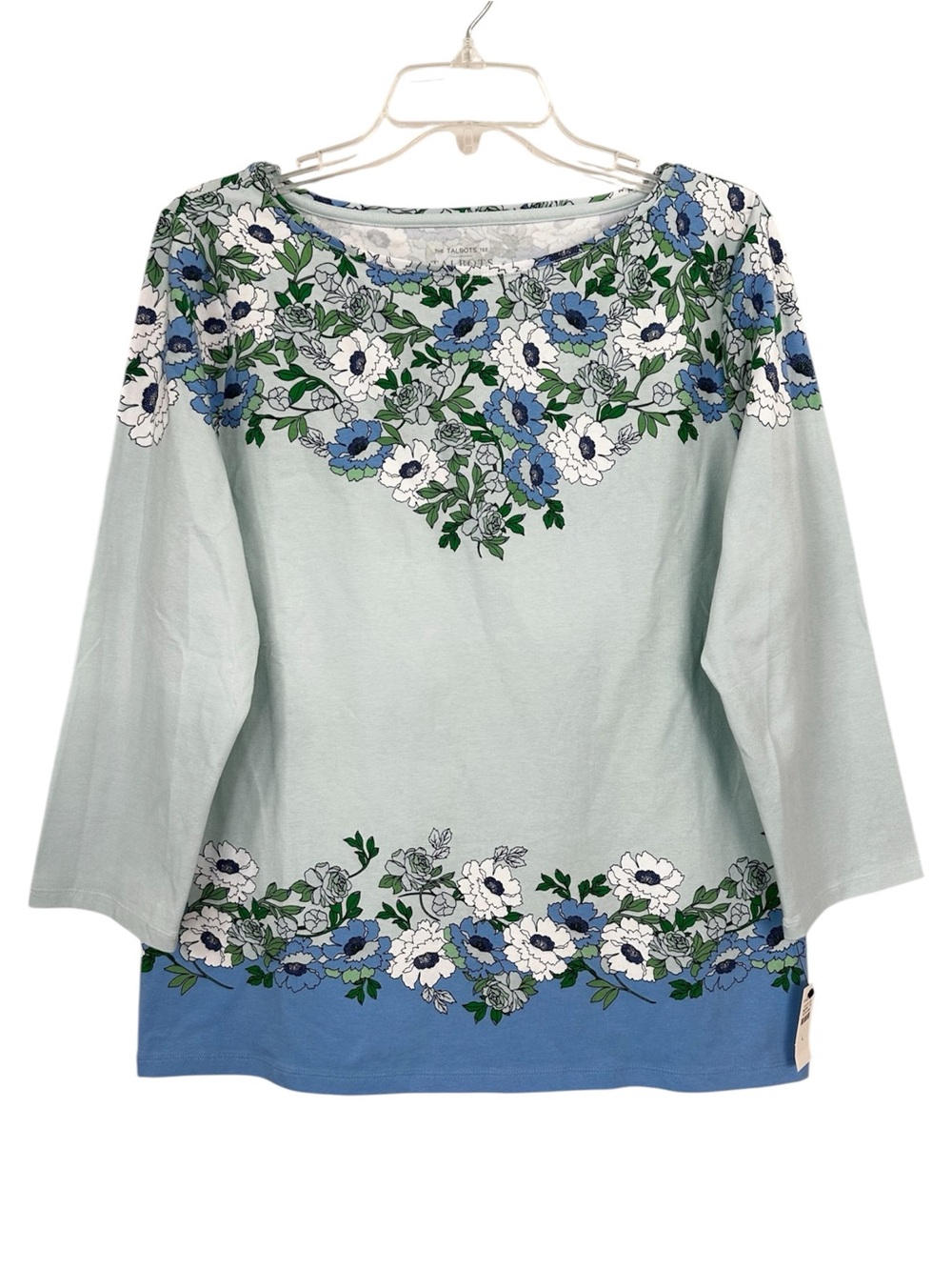 NWT Talbots Top Floral Print Blue Green White 3/4 Sleeves Women’s Size Large